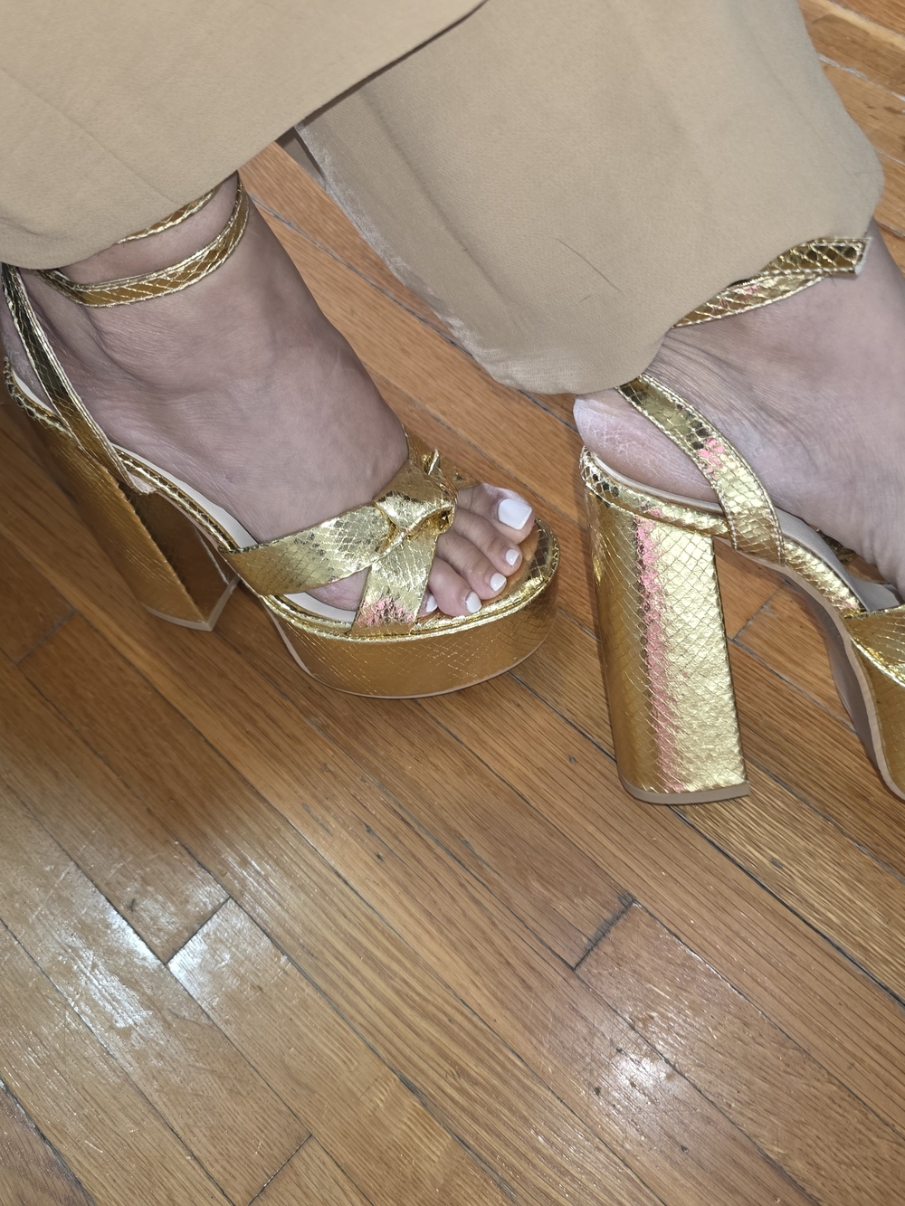 Gold Platform Block Heel Sandals with Ankle Strap